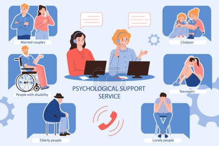 Illustration for Psychological support service for married couples children teenagers elderly lonely and disabled people flat infographic vector illustration - Royalty Free Image
