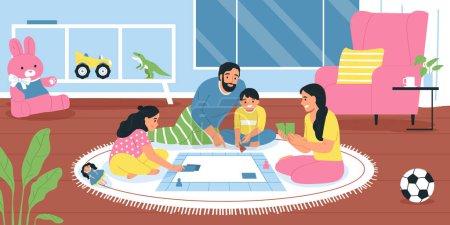 Illustration for Children playing board game with parents in their room flat vector illustration - Royalty Free Image