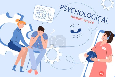 Illustration for Psychological support service flat collage with lonely depressed man communicating with psychologist vector illustration - Royalty Free Image