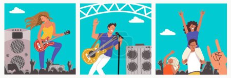Illustration for Rock music concert flat set with musicians on stage and audience isolated vector illustration - Royalty Free Image
