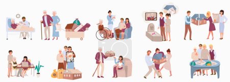 Illustration for Inheritance flat set of people get property after relatives death and aged men and women bequeath to family isolated vector illustration - Royalty Free Image