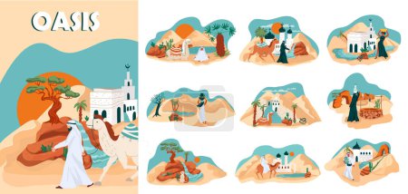 Illustration for Oasis flat composition set with plants buildings people and animals in desert isolated vector illustration - Royalty Free Image