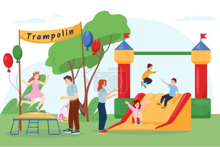 Téléchargez les illustrations : Enfants heureux sautant sur le trampoline et glissant vers le bas glissière gonflable dans l'illustration vectorielle de composition plate de parc d'attractions - en licence libre de droit