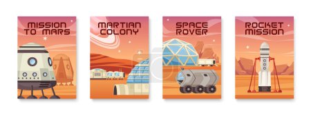 Ilustración de Cartel de colonización de Marte con cuatro composiciones verticales de texto editable y vistas del paisaje de superficie planetaria ilustración vectorial - Imagen libre de derechos