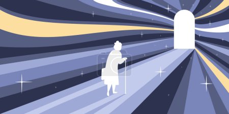 Ilustración de Muerte después de la muerte composición plana con vista conceptual del cielo estrellado con rayos de luz puerta y mujer vector ilustración - Imagen libre de derechos
