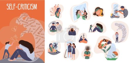 Illustration for Self criticism composition set of people with their inner critic blaming and shaming them isolated vector illustration - Royalty Free Image