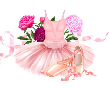 Realistic ballet composition with beautiful pink ballerina dress shoes with satin ribbons and peonies vector illustration