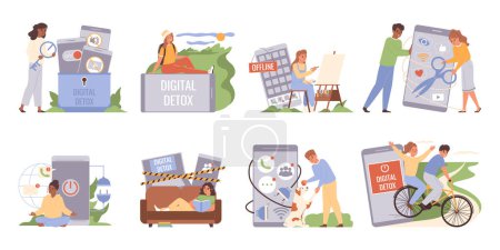 Illustration for Digital detox flat set of people breaking smartphone and internet addiction isolated vector illustration - Royalty Free Image