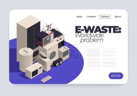 Illustration for E-waste management isometric web site landing page with clickable button links and broken household appliances vector illustration - Royalty Free Image