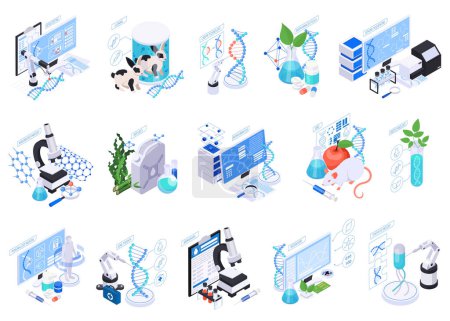 Illustration for Set with isolated biotechnology compositions of isometric icons with lab equipment molecular structures and computer workplaces vector illustration - Royalty Free Image