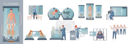 Illustration for Cloning genetics flat composition with human body in chamber with set of isolated icons with scientists vector illustration - Royalty Free Image