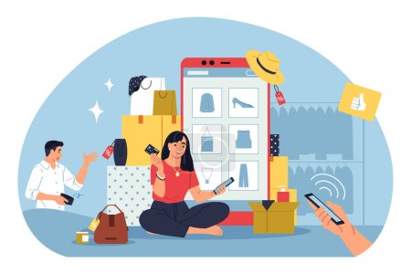 Bad habits flat background with people having shopping addiction making online purchases vector illustration