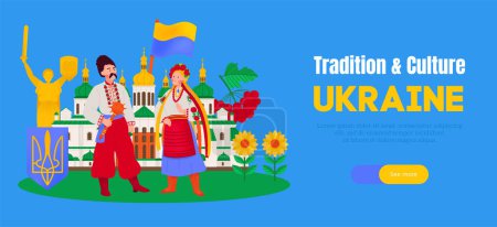 Illustration for Traditions and culture of ukraine horizontal banner decorated with male and female characters in national clothes vector illustration - Royalty Free Image