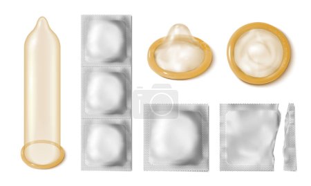 Téléchargez les illustrations : Préservatif réaliste serti d'icônes isolées de préservatifs classiques en silicium avec enveloppe argentée sur fond blanc illustration vectorielle - en licence libre de droit