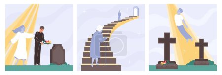 Illustration for Afterlife death flat set of three square compositions with grave crosses stairway in sky and souls vector illustration - Royalty Free Image
