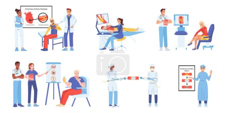 Ilustración de Aterosclerosis arteria conjunto de composiciones aisladas con iconos planos y personajes humanos de pacientes con ilustración vectorial médicos - Imagen libre de derechos