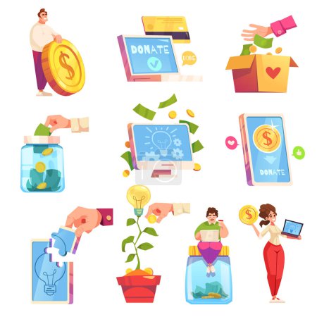 Crowdfunding flat cartoon icons set with productive idea funding and startup investment symbols isolated vector illustration