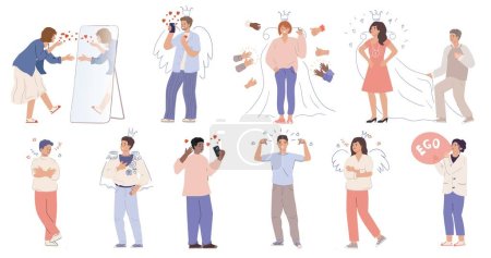 Illustration for Narcissism flat set of egoist characters loving himself very much isolated vector illustration - Royalty Free Image