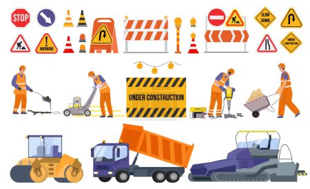 Ilustración de Reparación de carreteras conjunto plano de artículos de maquinaria y trabajadores en uniforme naranja trabajando con martillo neumático y pavimentadora de asfalto ilustración vectorial aislado - Imagen libre de derechos