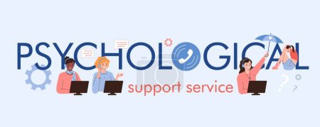 Illustration for Flat text banner for psychological support service with smiling hotline operators helping people vector illustration - Royalty Free Image
