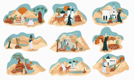 Illustration for Flat set of oasis landscapes with people animals and buildings isolated vector illustration - Royalty Free Image