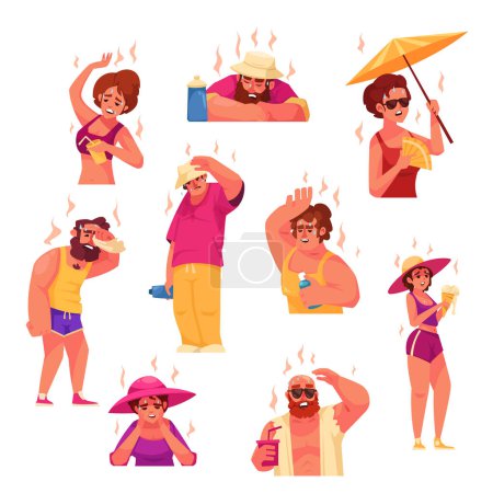 Ilustración de Conjunto plano de hombres y mujeres que sufren de golpe de calor y calor aislado vector ilustración - Imagen libre de derechos