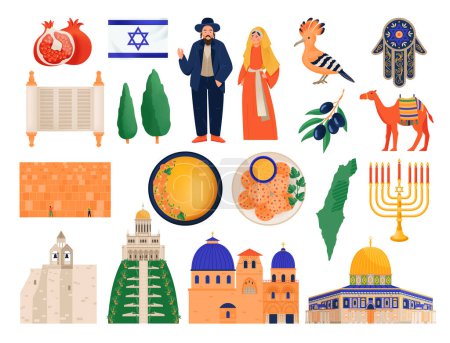 Téléchargez les illustrations : Israël voyage plat ensemble de cuisine architecture faune et culture éléments isolé vecteur illustration - en licence libre de droit