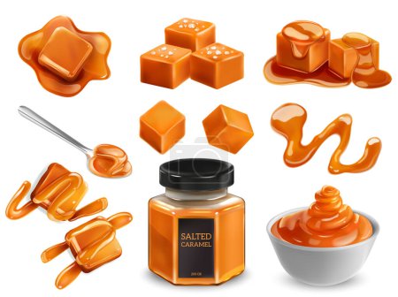 Salzkaramell realistische Reihe von schmelzenden Karamellwürfeln Sirup verschüttet und süße Sauce in Glas isoliert Vektor Illustration