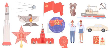 Ilustración de Conjunto plano de símbolos ussr con pioneros Kremlin rompehielos nuclear llama eterna aislado vector ilustración - Imagen libre de derechos