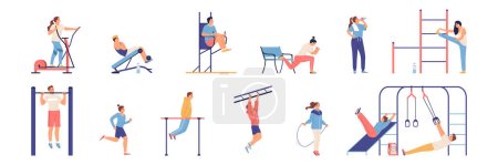 Illustration for People doing workout using various sport equipment flat set isolated vector illustration - Royalty Free Image