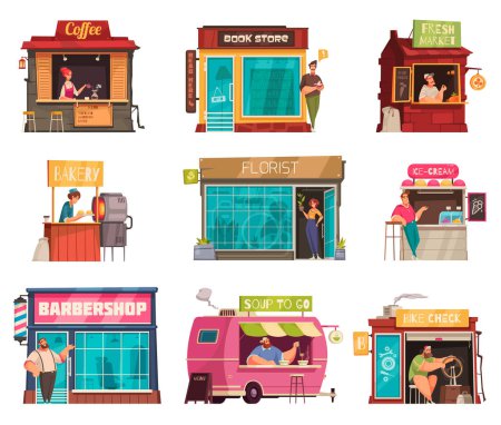 Illustration for Owner of small business flat set of bike check florist fresh market barbershop ice cream bakery compositions isolated vector illustration - Royalty Free Image