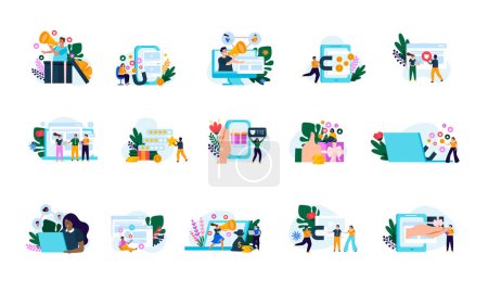 Illustration for Referral program flat colored icon set abstract situations referral program in a smartphone tablet or laptop vector illustration - Royalty Free Image