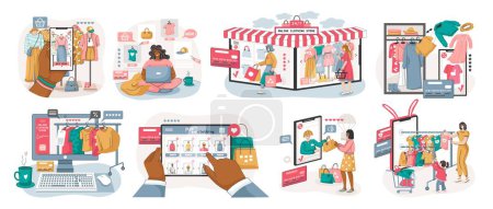 Illustration for Online clothes store set with shopping symbols flat isolated vector illustration - Royalty Free Image