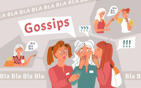 Illustration for Bla meme collage with gossiping friends symbols flat vector illustration - Royalty Free Image
