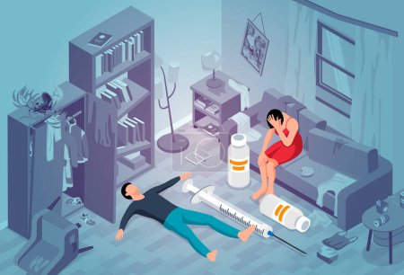 Ilustración de Concepto isométrico de adicción con dos personas drogadictas en una habitación desordenada con jeringa y frascos de pastillas ilustración vectorial - Imagen libre de derechos