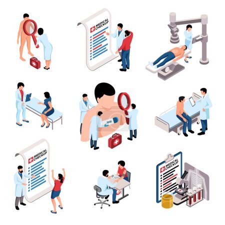 Illustration for People doing through medical checkup isometric icons set isolated 3d vector illustration - Royalty Free Image