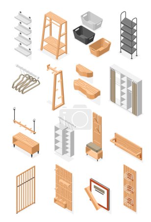 Ilustración de Conjunto de sala de almacenamiento con iconos isométricos de elementos de mobiliario con estantes estantes perchas y cestas ilustración vectorial - Imagen libre de derechos