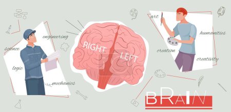 Téléchargez les illustrations : Collage de la fonction cérébrale avec créativité et symboles logiques illustration vectorielle plate - en licence libre de droit