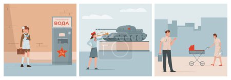 Illustration for USSR concept set with army and pioneer symbols flat isolated vector illustration - Royalty Free Image