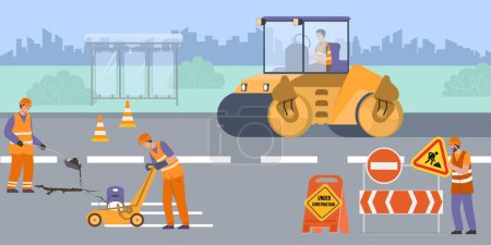 Ilustración de Reparación de carreteras fondo plano con brigada de trabajadores masculinos en forma de carretera haciendo que el vector de mantenimiento de asfalto ilustración - Imagen libre de derechos