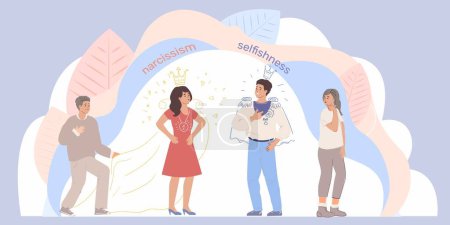 Illustration for Narcissism and selfishness flat background depicting young people with superior ego vector illustration - Royalty Free Image