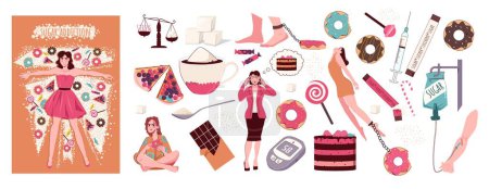 Illustration for Flat composition set of women with sugar addiction and tasty desserts isolated vector illustration - Royalty Free Image