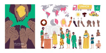 Illustration for Hunger food crisis flat composition with set of isolated charity icons human characters and holding hands vector illustration - Royalty Free Image