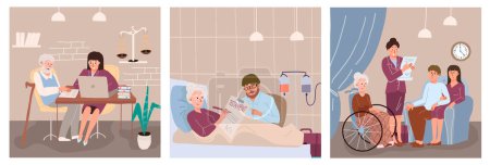 Illustration for Inheritance flat set with elderly people signing their last wish and testament isolated vector illustration - Royalty Free Image