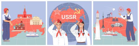 Ilustración de Ussr símbolos concepto conjunto con logros soviéticos puntos de referencia y personas aisladas ilustración vector plano - Imagen libre de derechos