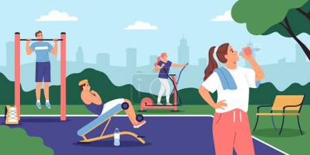 Illustration for People doing workout at outdoor sports area in city park flat vector illustration - Royalty Free Image