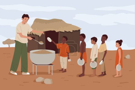Ilustración de Hambre crisis alimentaria concepto plano con el hombre alimentar a los niños hambrientos tristes vector ilustración - Imagen libre de derechos