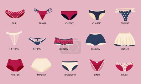 Téléchargez les illustrations : Sous-vêtements de lingerie avec bikini et boxers symboles plat isolé vectoriel illustration - en licence libre de droit