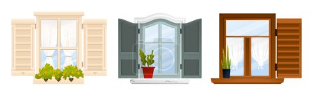 Illustration for Vintage balcony window icon set three isolated colored windows beige gray and brown vector illustration - Royalty Free Image