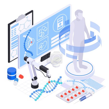 Illustration for Biotechnology isometric composition with computer screens dna pills syringe and silhouette of human body in projection vector illustration - Royalty Free Image